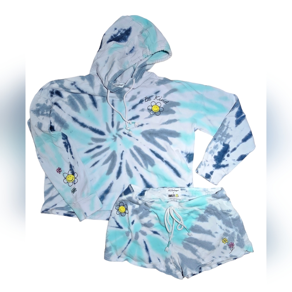 P.J. Salvage, Smiley Tie-dye Loungewear Cropped Hoodie & Short Set, Sz Small